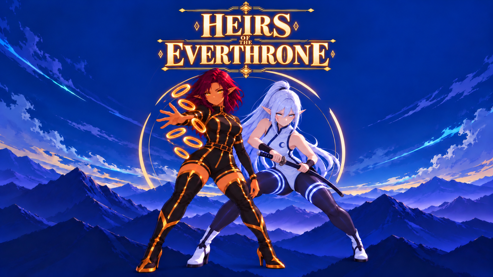 Kessa commands six golden rings beside Mona and her sheathed katana, beneath the Heirs of the Everthrone title and a golden circle against blue mountains.