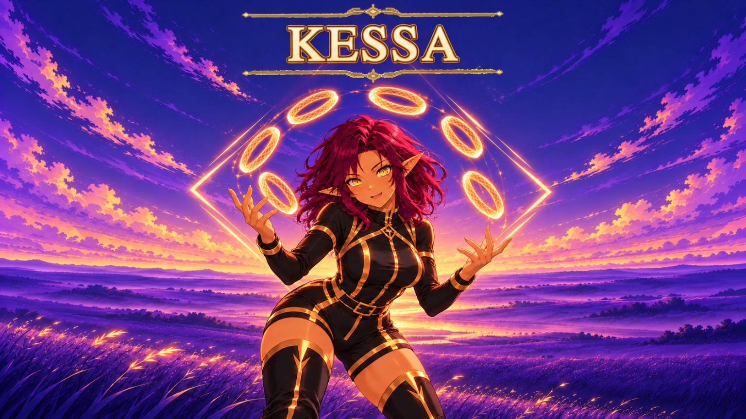 Kessa with six golden rings and a luminous diamond above purple grasslands. The artwork includes her nameplate.
