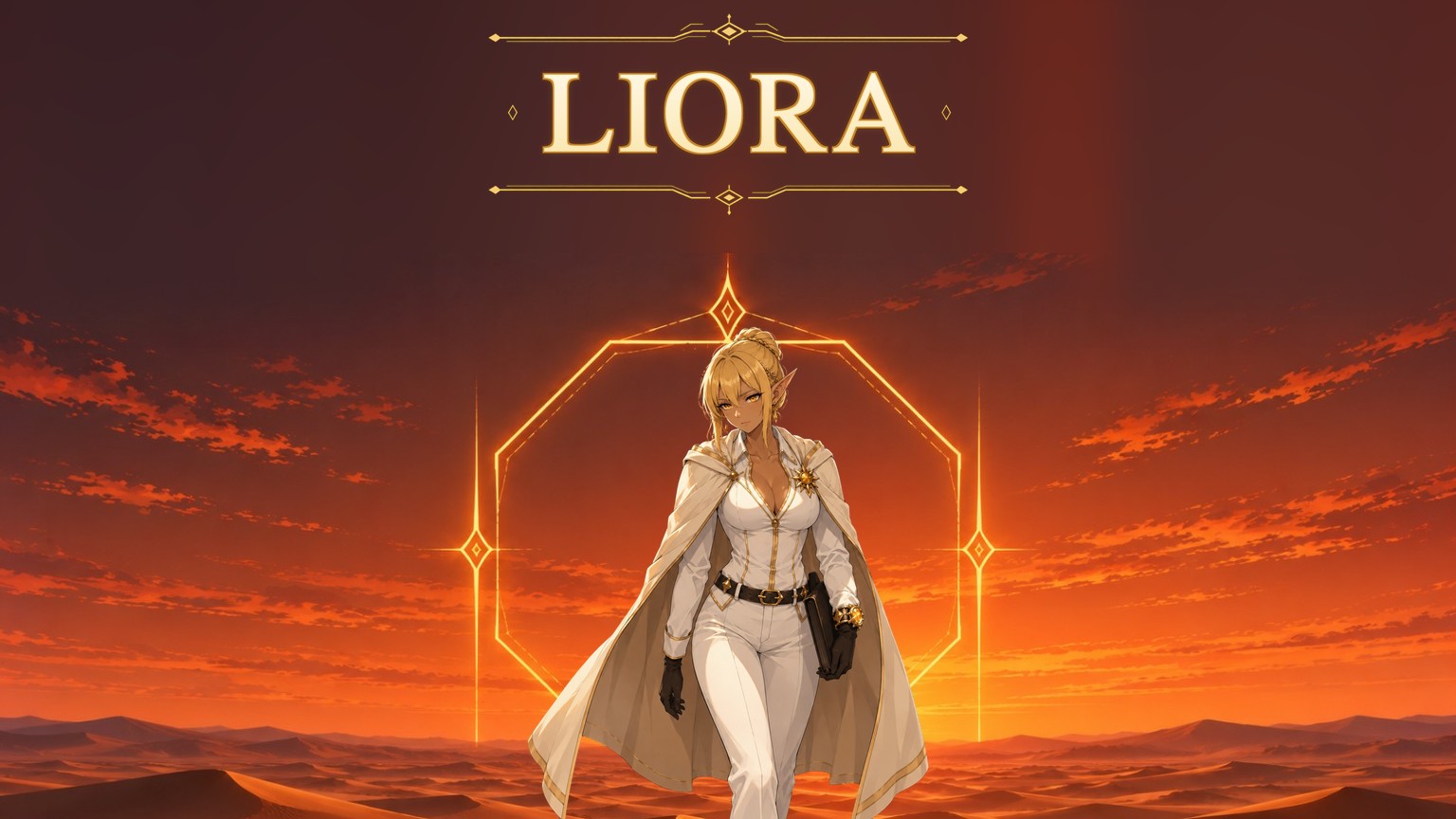 Liora in white and gold before a luminous octagon above sunset dunes. The artwork includes her nameplate.