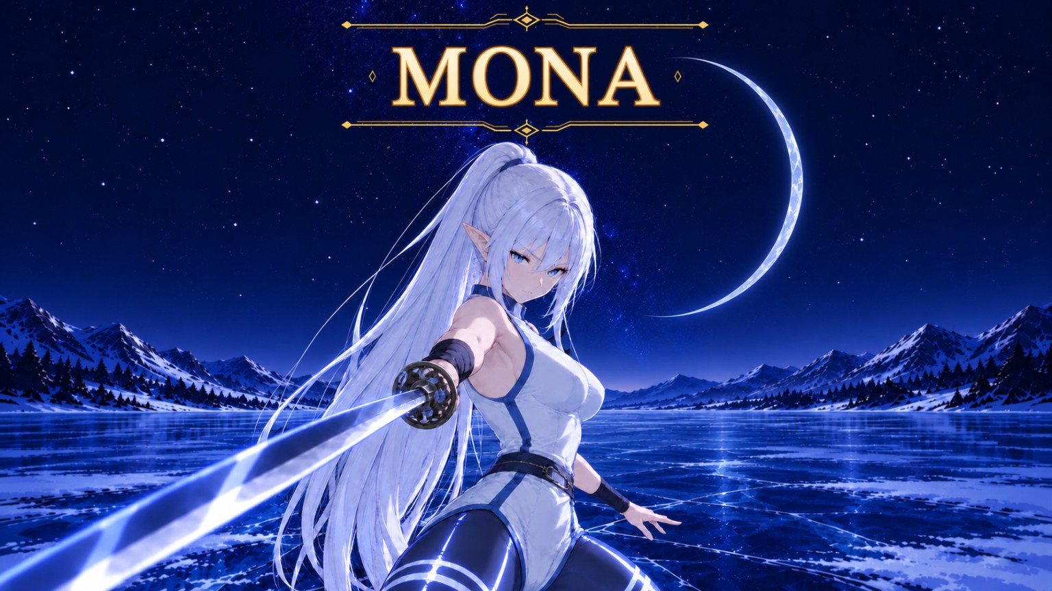 Mona with her katana before a silver crescent over a frozen lake. The artwork includes her nameplate.