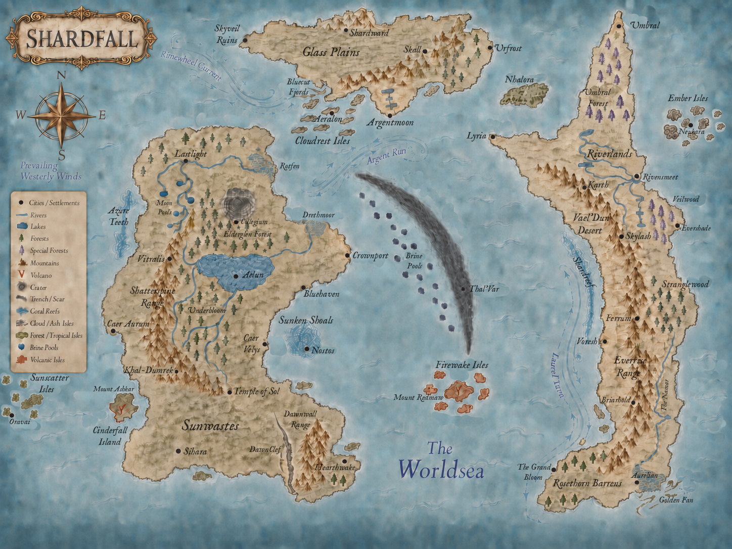 Shardfall regional map showing settlements, landforms and sea routes across the Worldsea.