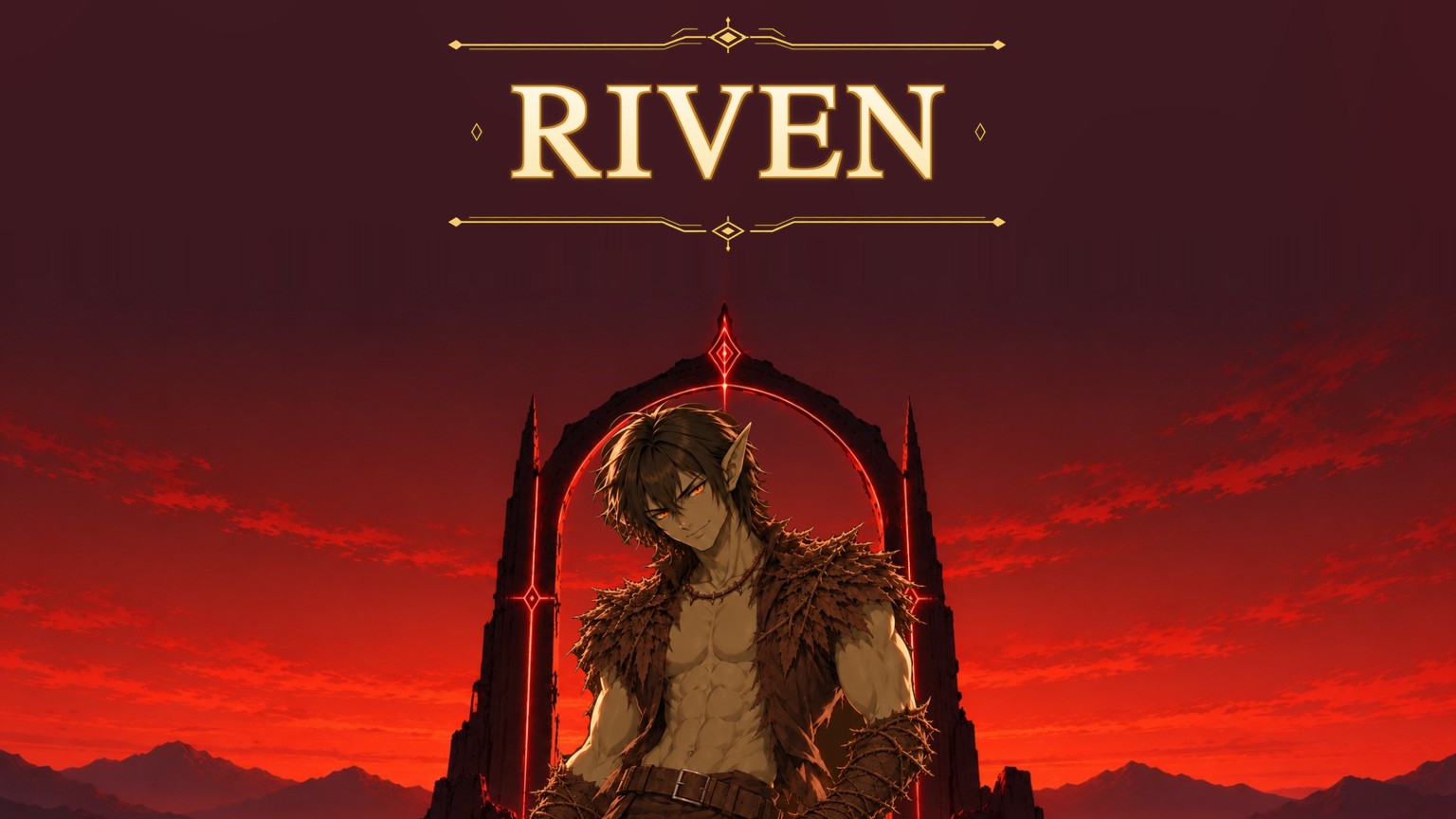 Riven in thorn-wrapped clothing before a crimson arch and red landscape. The artwork includes his nameplate.